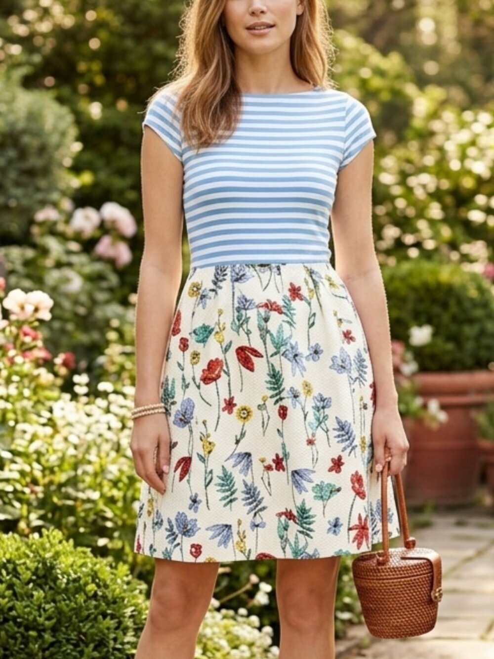J. McLaughlin Catalina Cloth Colleen Dress Blue Striped Floral Skirt Spring